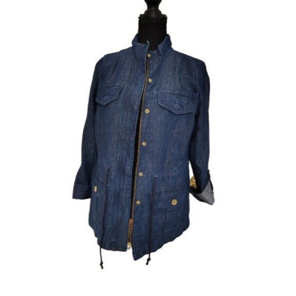 Talbots Small Denim Field Utility Jacket Cotton Hemp Blue Barn Chore Coat Zip